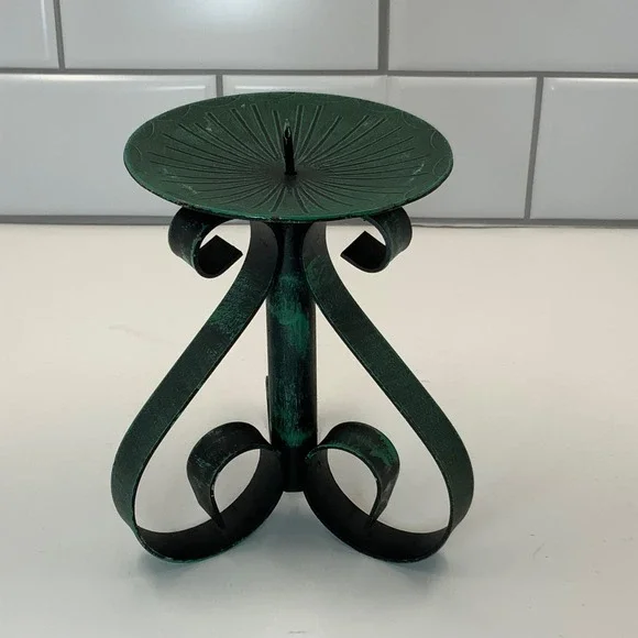 Vintage Green Verdigris Wrought Iron Pillar Candle Holder Scroll Base Hong Kong - Picture 1 of 7